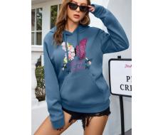 SHEIN Essnce Butterfly & Letter Graphic Kangaroo Pocket Drawstring Thermal Hoodie SKU: sw2212051201678699