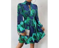 SHEIN SXY Women Stand Collar Long Sleeve Allover Print Hollow Out Pleated Short Casual Dress SKU: sz2407254445444684