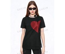 SHEINNeu Summer Ladies' Short Sleeve Black T-Shirt With Mesh Splicing Heart-Shaped Print Pattern