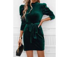 SHEIN Clasi Mock Neck Puff Sleeve Belted Velvet Dress SKU: sz2306193401613104