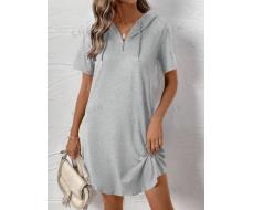 SHEIN LUNE Women's Summer Solid Color Batwing Short Sleeve Half-Zip Hooded Casual Dress SKU: sz2407080793085550