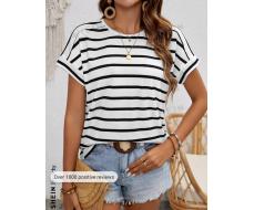 SHEIN Frenchy Women's Striped Batwing Short Sleeve T-Shirt