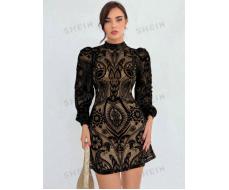 SHEIN Aloruh Plush High Waisted Elegant Puff Sleeve Dress SKU: sz2401063327727777