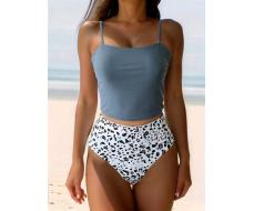 SHEIN Swim Women'S Solid Color Spaghetti Strap Swimsuit Set With Random Print Triangle Bikini Bottom High Waisted Bathing Suit