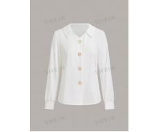 SHEIN MOD Ladies' Long Sleeve Turndown Collar Solid Color Button Front Blouse SKU: sz2407230171192226