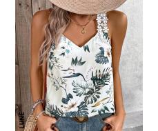 SHEIN LUNE Tropical Vacation Printed Lace Camisole Top With Wide Shoulder Straps For Summer Hawaiian