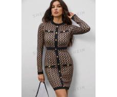 SHEIN Tall Golden Buttons On The Placket And Geometric Plaid Print Slim Dress Are Elegant And Fashionable With Long Sleeves, Suitable For Autumn And Winter.