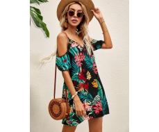 SHEIN VCAY Tropical Print Cold Shoulder Dress