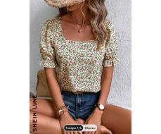 SHEIN LUNE Ditsy Floral Print Square Neck Puff Sleeve Blouse