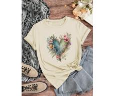 SHEIN LUNE Casual Short Sleeve T-Shirt With Heart & Flower Patterned Round Neck SKU: sz2403046550014850