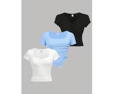 Комплект из трех повседневных футболок с коротким рукавом SHEIN Teen Girl Personality, трикотажный комплект с оборками и элементами для девочек-подростков АРТИКУЛ: sk2403156555644938