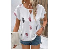 SHEIN LUNE Feather Print Keyhole Neckline Batwing Sleeve Blouse Summer White Shirt SKU: sw2212295025128942