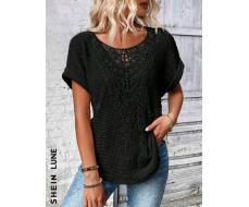 SHEIN LUNE Patchwork Lace Circular Neck Batwing Sleeve T-Shirt