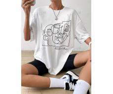Футболка SHEIN EZwear Summer White Y2k Abstract Figure Graphic Drop Shoulder Tee Graphic Shirt