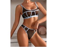 SHEIN Women's Color-Block Mesh Lingerie Set With Lace Trim