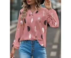 Feather Print Notched Neck Bishop Sleeve Blouse SKU: sw2209069687913166