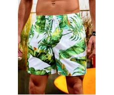 Manfinity Swimmode Men's Plant Printed Drawstring Beach Shorts, Summer Vacation