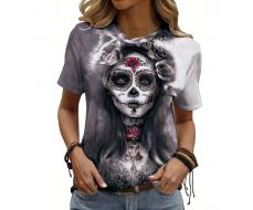 SHEIN LUNE Women's Halloween Skeleton Bride Tie-Dye Tie Dye Print T-Shirt SKU: sz2408121714500452