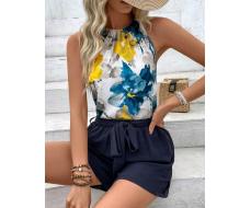 Комплект SHEIN VCAY Flower Print Backless Crop Top With Tie Back And High Waist Belted Shorts Set