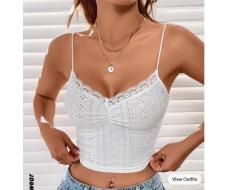 SHEIN EZwear Summer Going Out Eyelet Embroidery Lace Trim Ruched Bust White Cami Top SKU: sw2303013414901208
