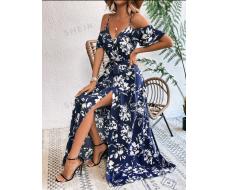 SHEIN VCAY Floral Print Cold Shoulder Split Thigh Dress