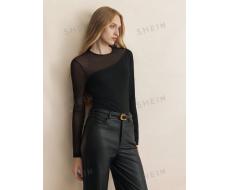 SHEIN BIZwear Long Sleeve Contrast Color Collar & Hem Knitted Stretch Work Casual T-Shirt Basic Tops SKU: sz2405112168409134