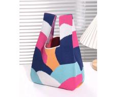 1 Piece Multicolor Block Patchwork Hollow Knitted Crochet Breathable Lightweight Foldable Portable Bag For Mobile Phone, Umbrella, Cosmetics, Lipstick, Perfume, Books - Stain-Resistant, Open Top, Fashionable Women's Shoulder Tote Bag, Handbag - Suitable F