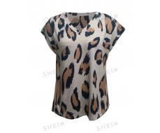 SHEIN LUNE Women's V-Neck Short Sleeve Casual T-Shirt With Leopard Print, Summer