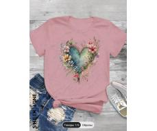 SHEIN LUNE Heart & Floral Print Crew Neck Short Sleeve T-Shirt, Casual Style