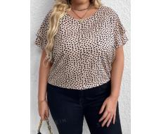 SHEIN CURVE+ Plus Size All-Over Print Round Neck Double Ruffle Hem Short Sleeve Blouse SKU: sz2407026153342237