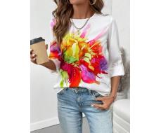 SHEIN LUNE Women's Floral Printed Round Neck Short Sleeve Casual Blouse SKU: sz2407310590981466