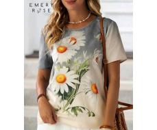 EMERY ROSE Women Daisy Print Casual Spring And Summer Shirt With Round Neckline