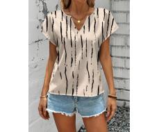 SHEIN LUNE Casual Striped Full Print Women V-Neck Blouse, Suitable For Summer SKU: sz2404264987819194