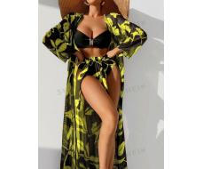 SHEIN Swim Vcay Allover Plants Print Push Up Bikini Swimsuit With Kimono