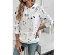 SHEIN LUNE Floral Print White Hooded Sweatshirt SKU: sz2406145879313731