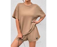 SHEIN EZwear Khaki Knitted Women's Waffle Grid Suit