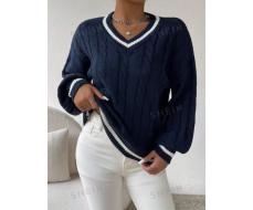 SHEIN Essnce Striped Trim Cable Knit Drop Shoulder Sweater SKU: sz2309127878882444