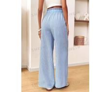 SHEIN VCAY Women Ruffled Elastic Waist Casual Striped Wide Leg Vacation Pants,Colorblock Blue & White Striped Pants Back To School For Daily Wear,Fall Outfits,Commute,Minimalist,Office,Old Money,Simple,Teacher Clothes SKU: sz2408095921731863