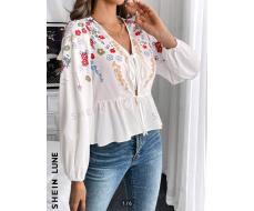 SHEIN LUNE V-Neck Tie Front Floral Print Ruffle Hem Long Sleeve Blouse