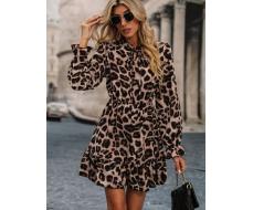 SHEIN LUNE Leopard Print Tie Neck Flounce Sleeve Ruffle Hem Dress SKU: sz2310179229391666