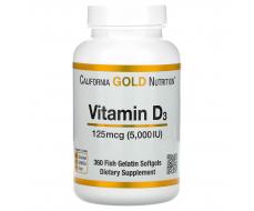 California Gold Nutrition, витамин D3, 125 мкг (5000 МЕ), 360 капсул из рыбьего желатина