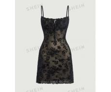 SHEIN MOD Black Date Night Romantic Floral Print Tie Front Cami Dress SKU: sw2211171199339576