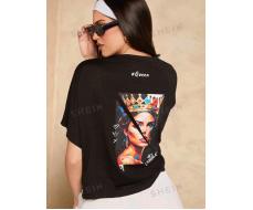 SHEIN Haute Women's Summer Crown & Letters Printed Round Neck Batwing Sleeve Baggy T-Shirt