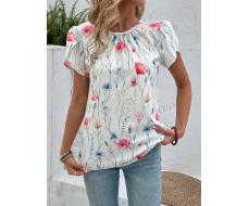 EMERY ROSE Floral Print Petal Sleeve Shirt, Casual Style For Summer Women Blouses Flower Shirt SKU: sz2403059615786677