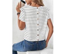 SHEIN LUNE Women's Short Sleeve T-Shirt With Black & White Striped Back And Buckle Detail SKU: sz2311032664487280