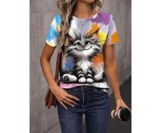 SHEIN LUNE Cat Graphic Print Casual Short Sleeve T-Shirt For Women SKU: sz2408054075401497