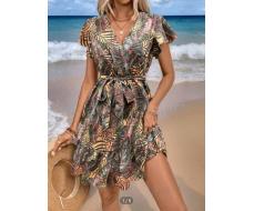 SHEIN VCAY Women's V-Neck Ruffle Floral All-Over Print Short Casual Vacation Dress