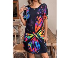 SHEIN LUNE H-Style Colorful Butterfly Printed Round Neck Short Sleeve Dress SKU: sz2403288133494383