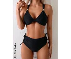 SHEIN Swim Women's Summer Beach Solid Color Twist Front  Bikini Set