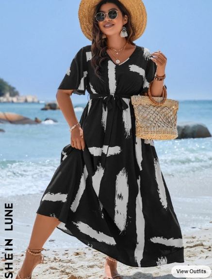 SHEIN LUNE Plus Brush Print Butterfly Sleeve Knot Front Dress SKU: sf2302154066474049